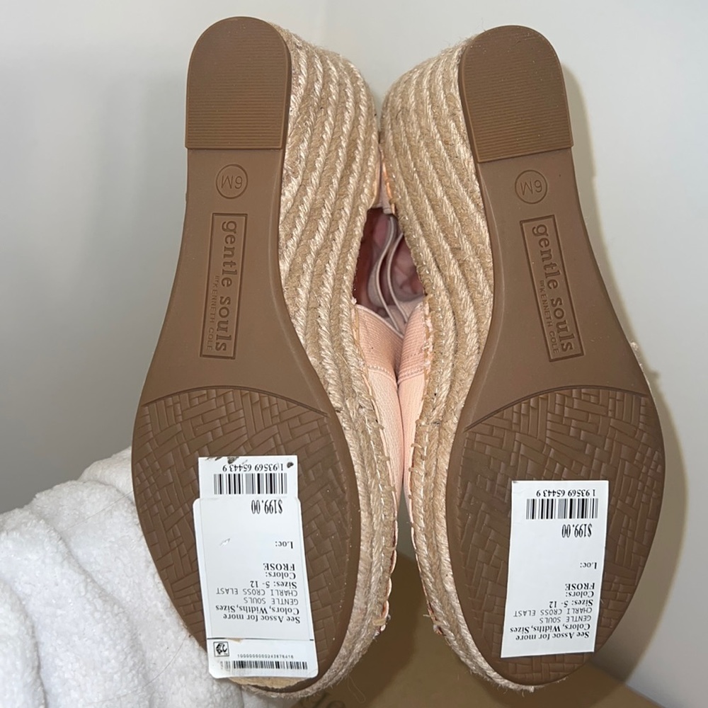 SALE โจ Kenneth Cole Charli Suede Cross Elastic Espadrille Wedge Heels Blush Pink - Picture 9 of 13